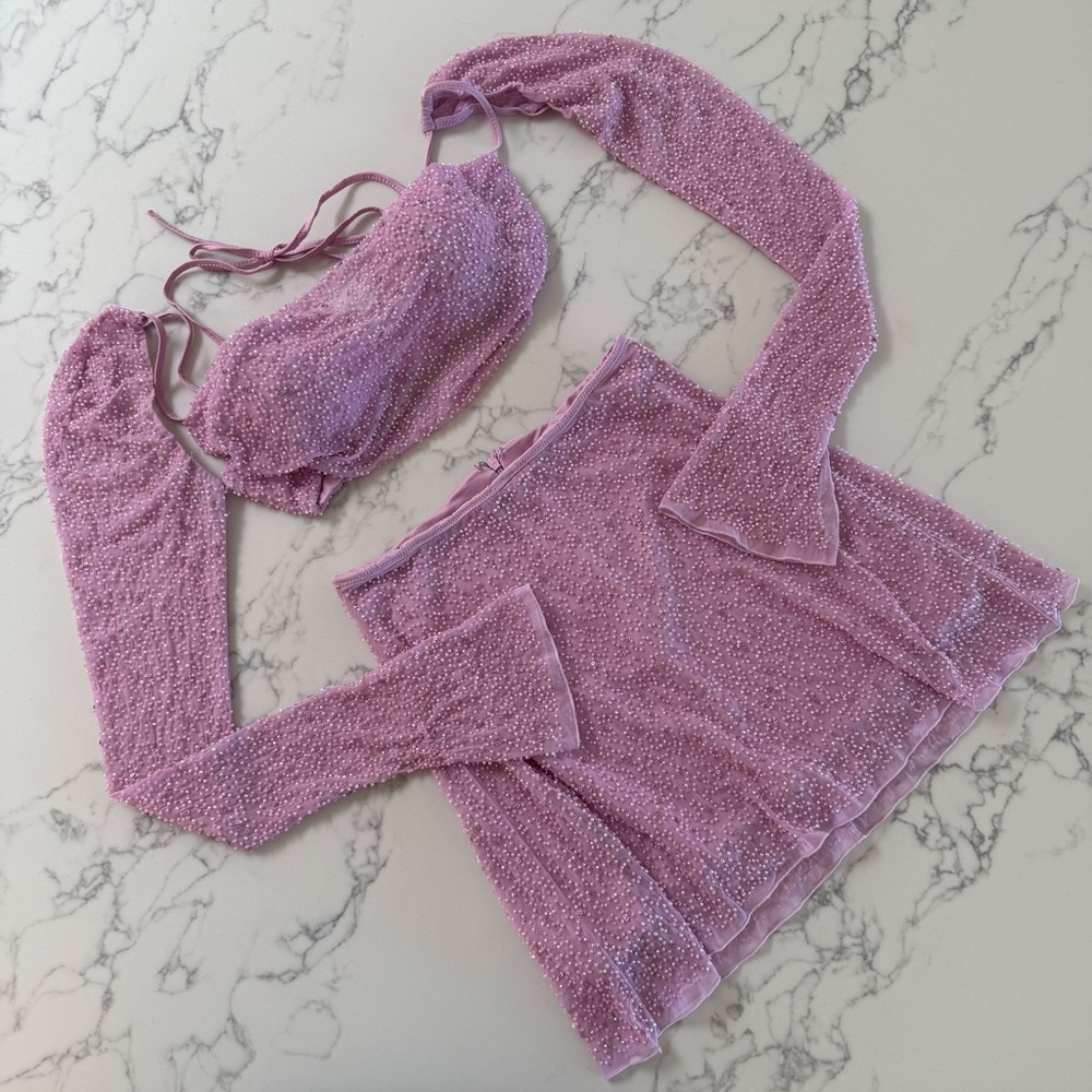 Oh Polly Lucerne Crop & Bern Mini Skirt Embellished SET - Pink - Size 4 - Picture 2 of 7